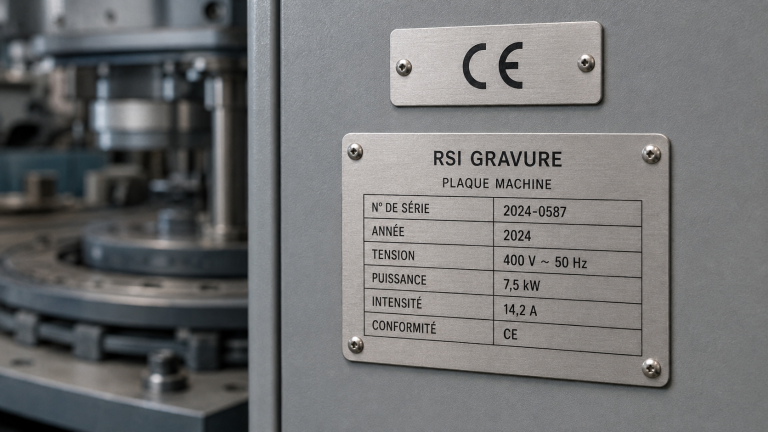 Plaque signalétique industrielle en métal gravée avec marquage technique