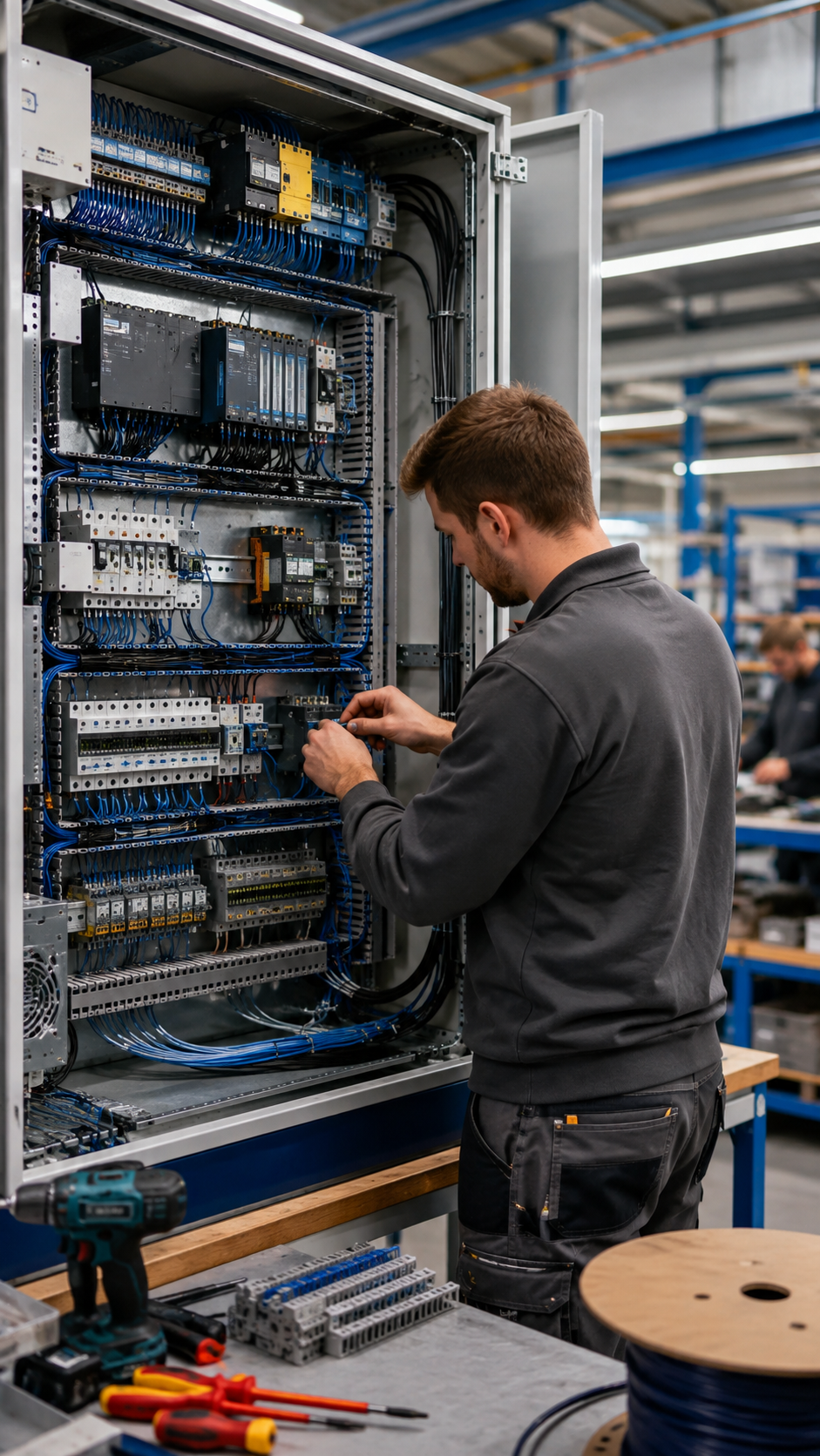 Technicien réalisant le câblage d’une armoire électrique industrielle dans l’atelier RSI