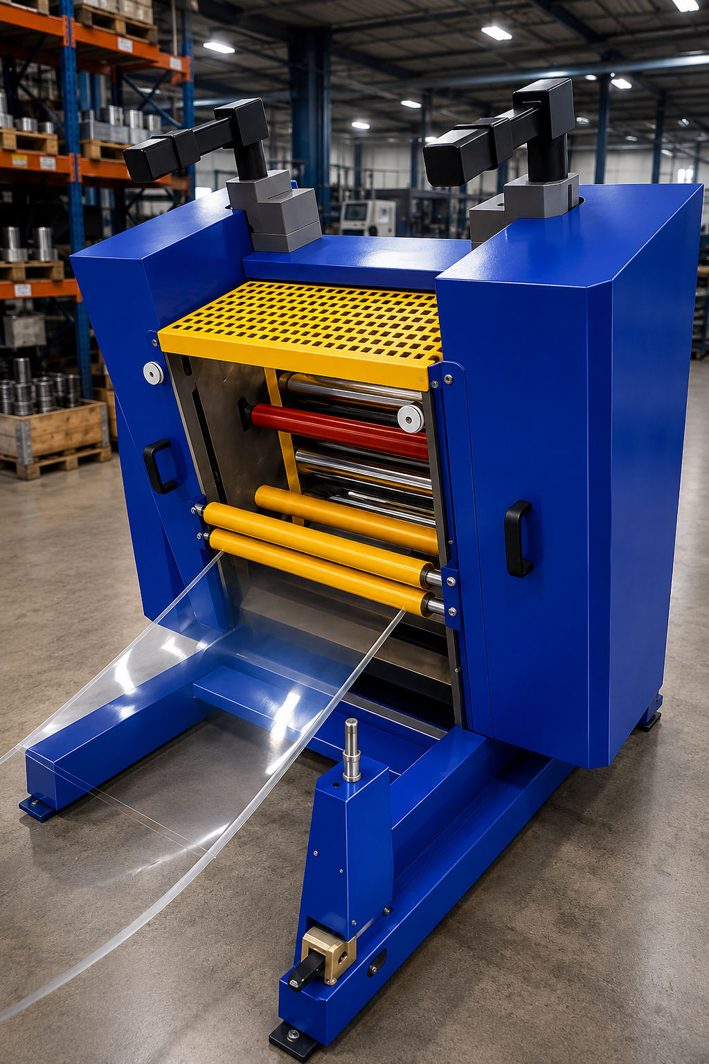 Calandre industrielle pour le guidage, le formage et le refroidissement d’un produit extrudé