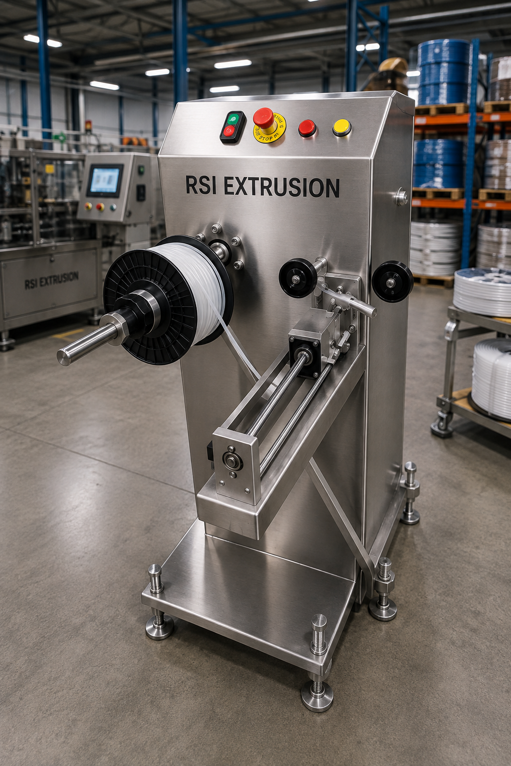 Enrouleur industriel pour le bobinage régulier d’un produit en sortie de ligne d’extrusion