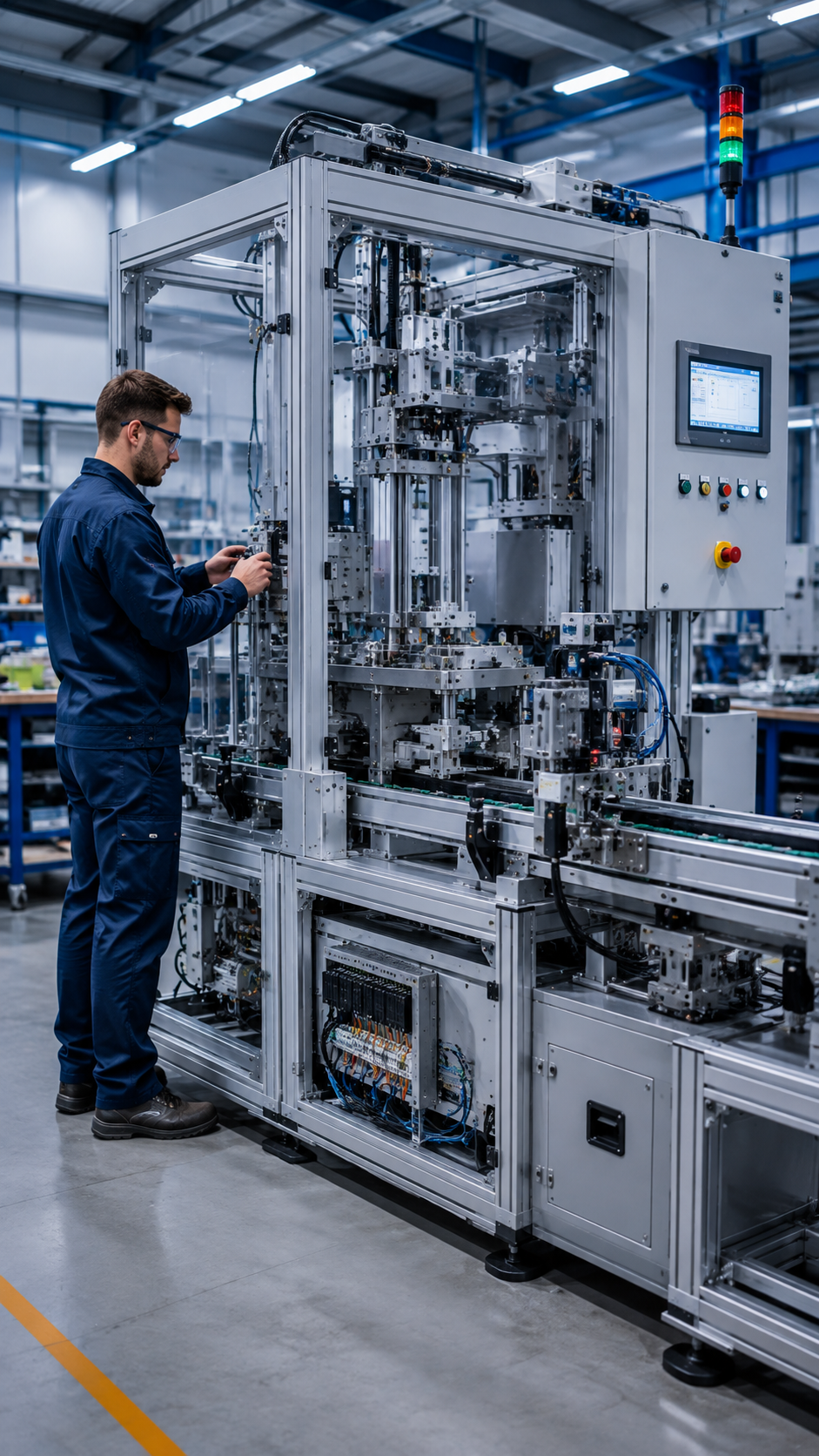Technicien intervenant sur une machine spéciale automatisée conçue pour une application industrielle