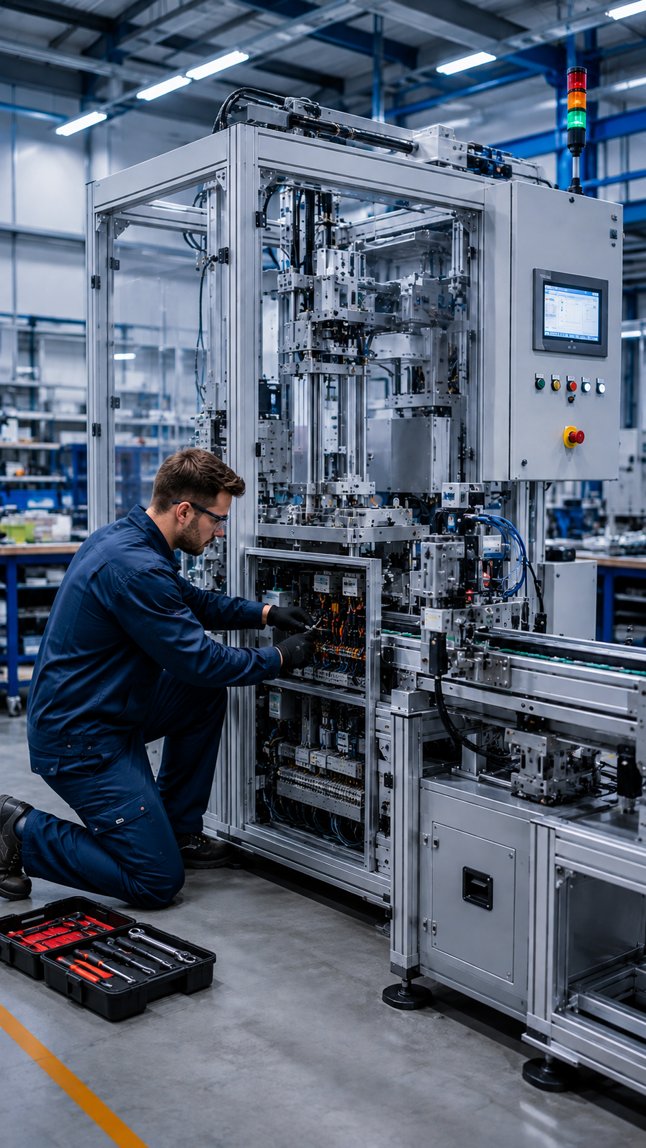 Technicien réalisant une opération de maintenance sur une machine industrielle automatisée