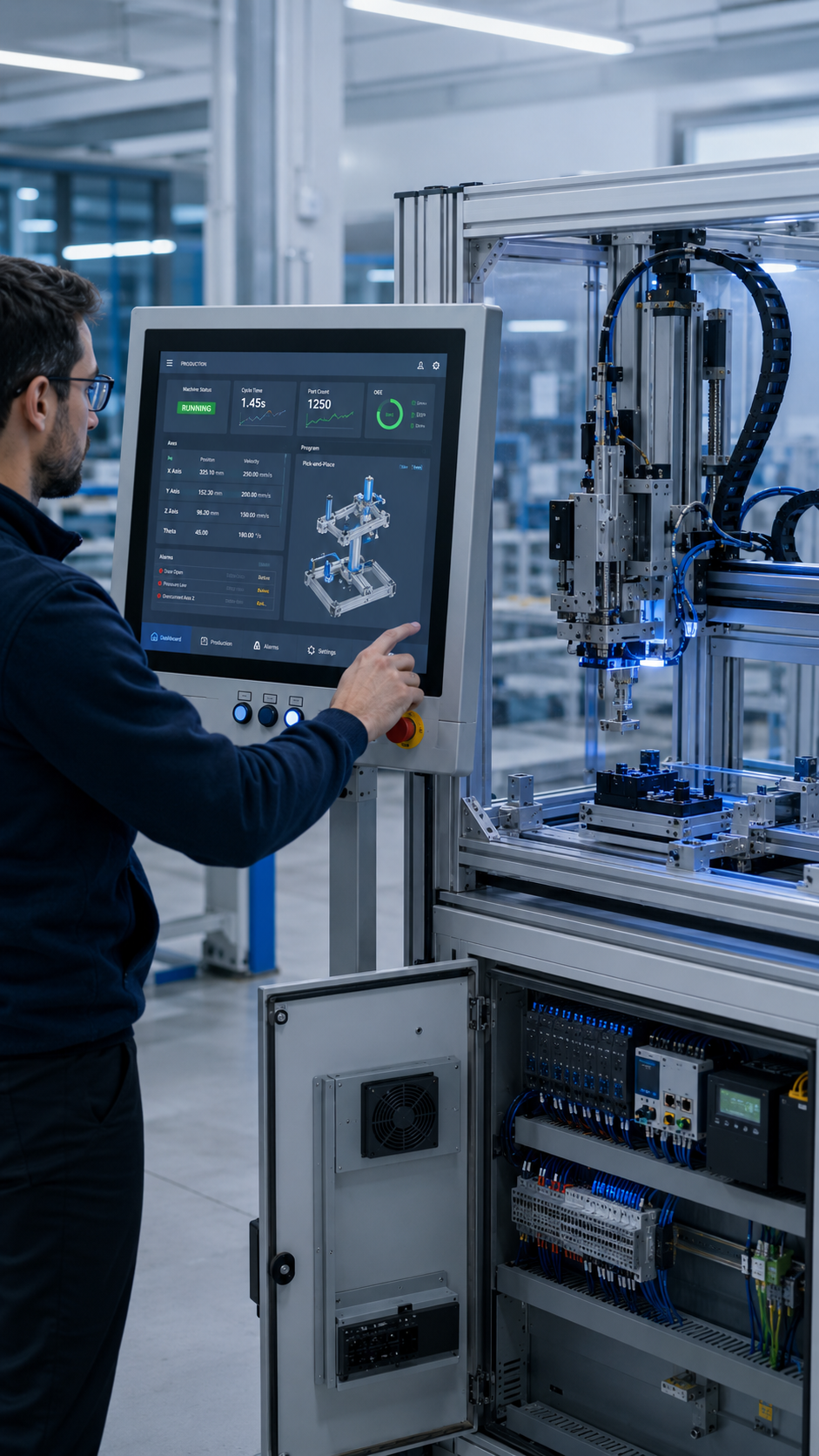 Technicien pilotant une machine automatisée industrielle avec un système de contrôle numérique