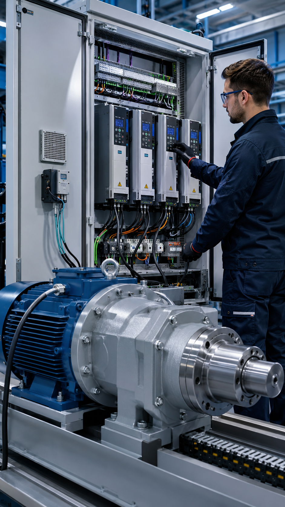 Technicien contrôlant des variateurs de vitesse associés à un moteur électrique industriel