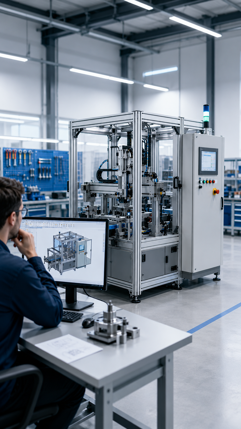 Machine automatisée industrielle pilotée par un technicien dans un atelier de production