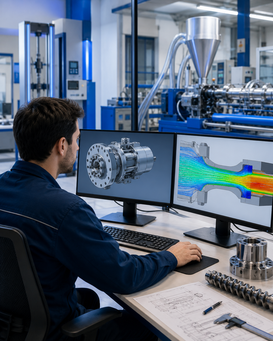 Ingénieur réalisant une étude de conception et de simulation pour un équipement d’extrusion industrielle