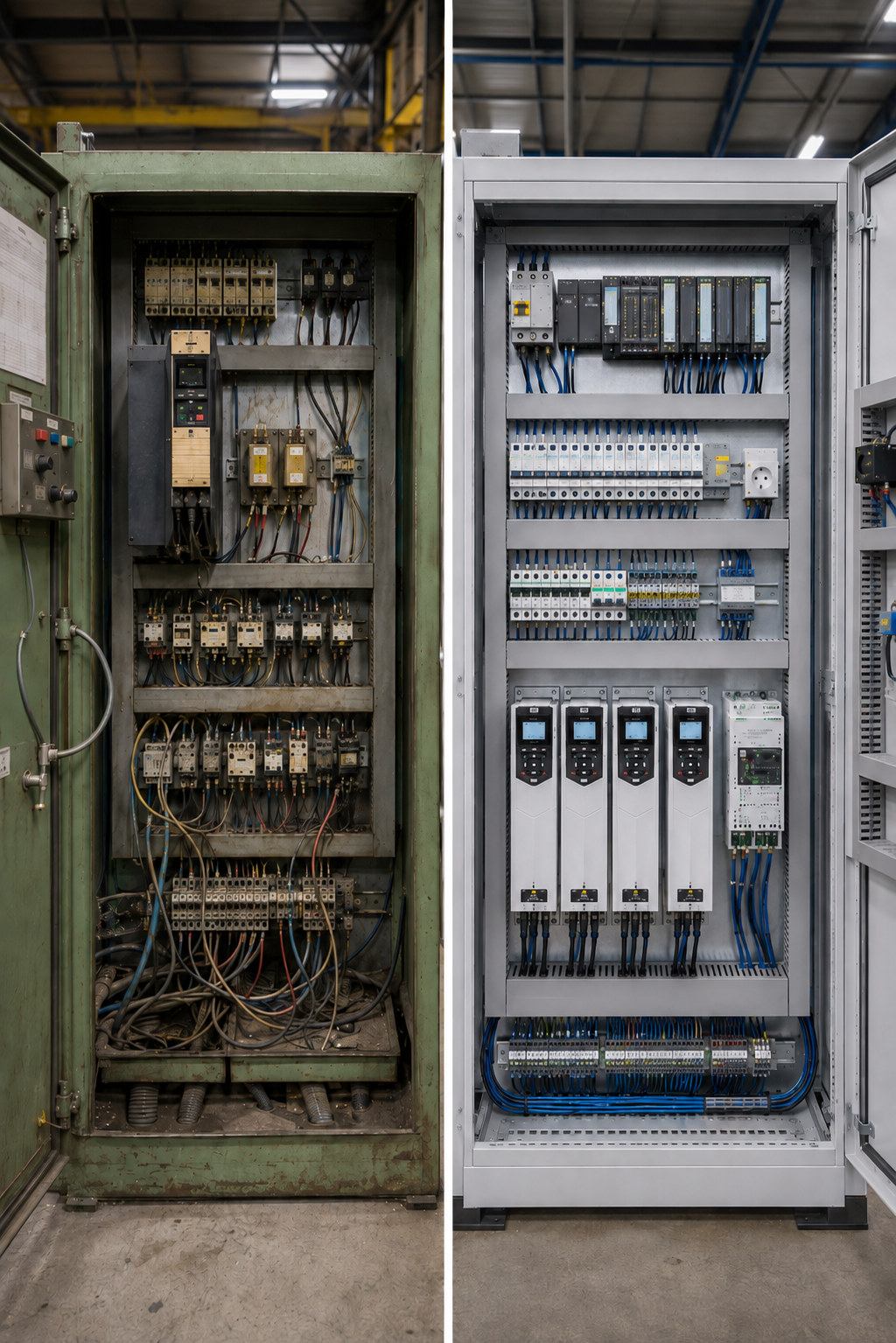 Comparaison avant et après le rétrofit d’une armoire électrique industrielle