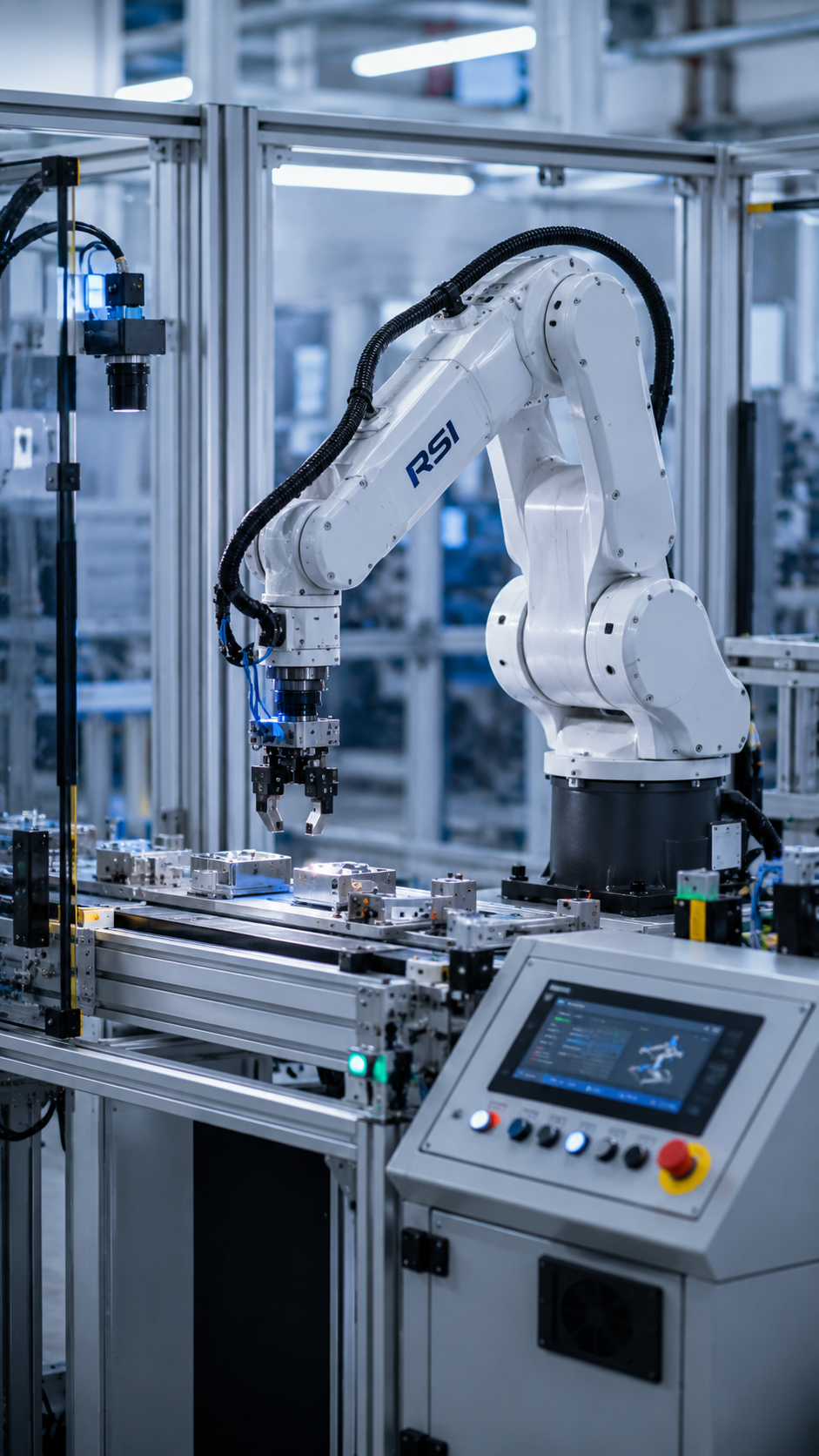 Robot industriel intégré à une machine automatisée pour la manipulation de pièces