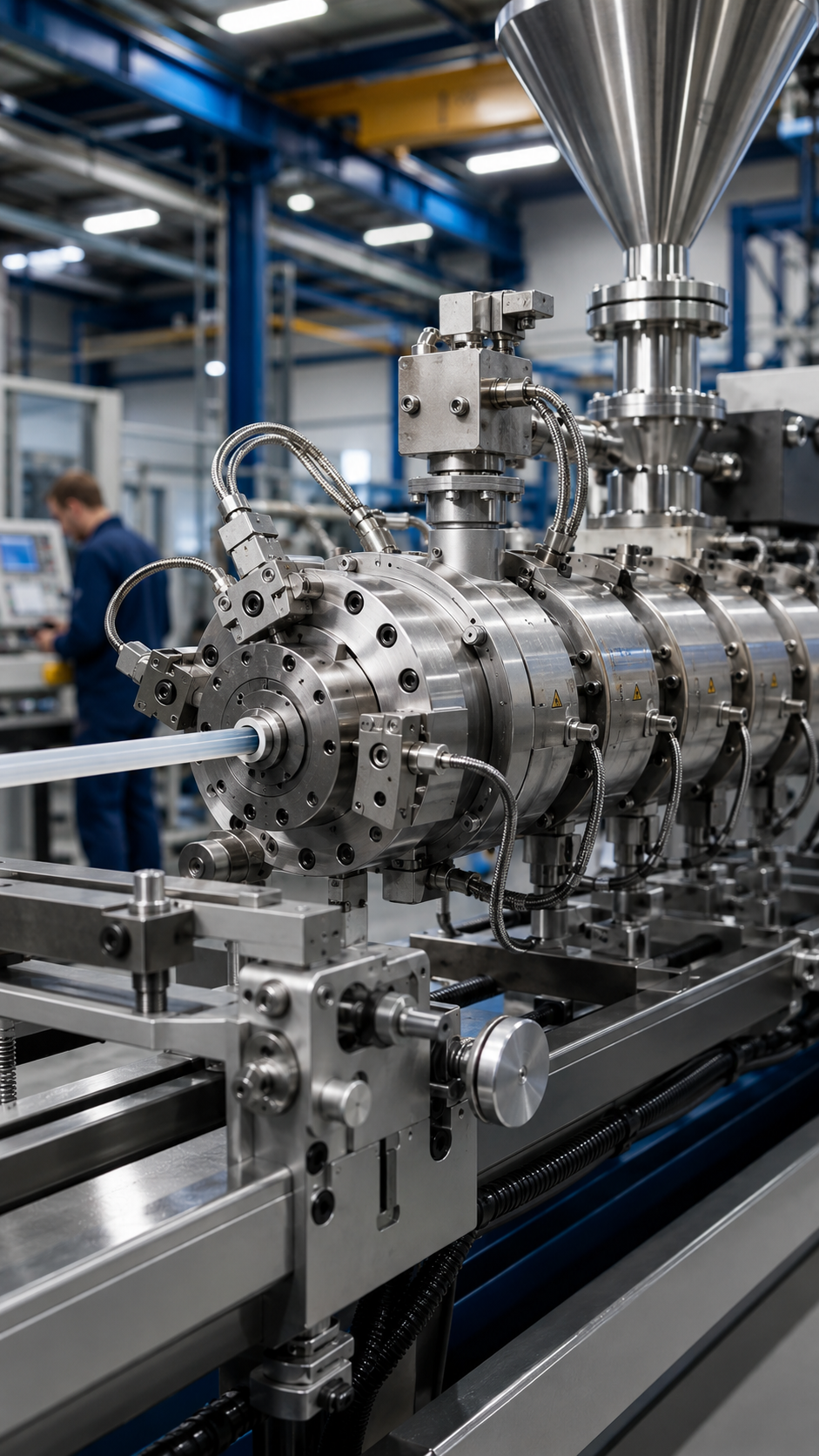 Tête d’extrusion industrielle équipée d’une filière pour la mise en forme d’un profilé plastique