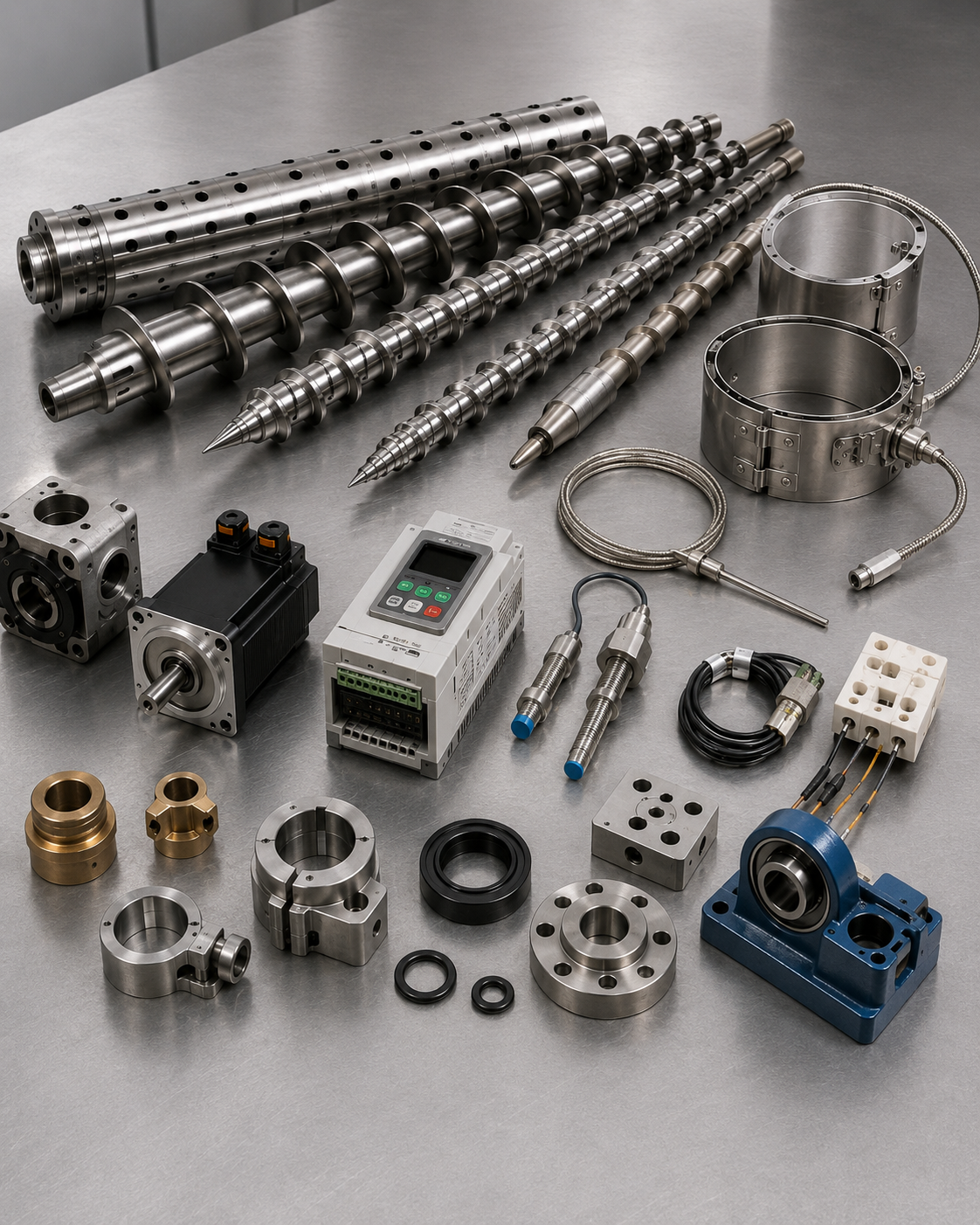 Pièces et équipements industriels en métal, comprenant vis sans fin, arbres mécaniques, résistances chauffantes, capteurs, moteurs et composants mécaniques